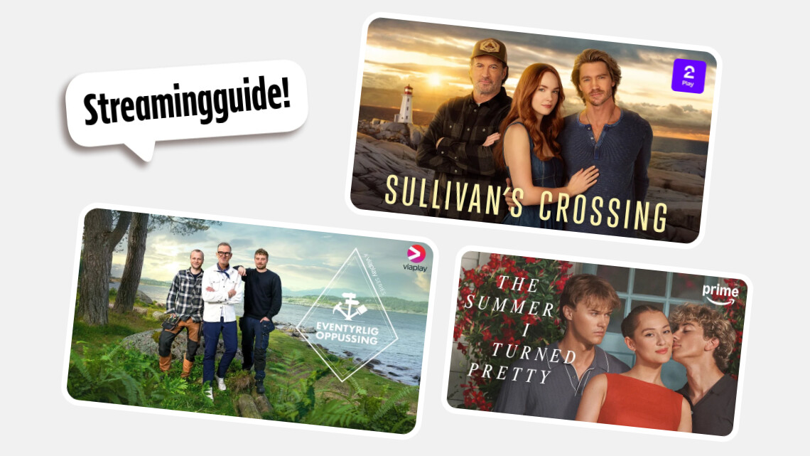 Bilde som viser en streamingguide med tre serier: Sullivan’s Crossing, Eventyrlig oppussing og The Summer I Turned Pretty.