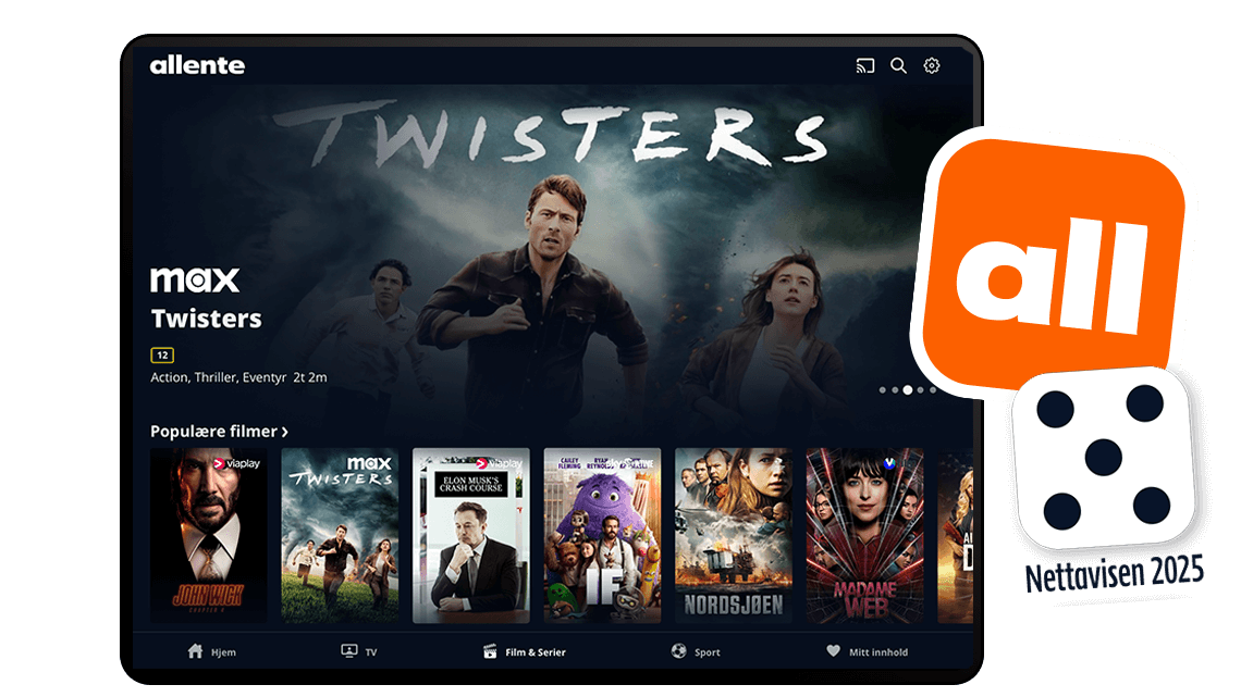 En ipad viser hvordan Allente-appen presenterer populære filmer fra alle partnerene våre. Nå vises filmen John Wick, Twisters og Madame Webb blant annet som alle kan streames med et Flex-abonnement hos Allente.